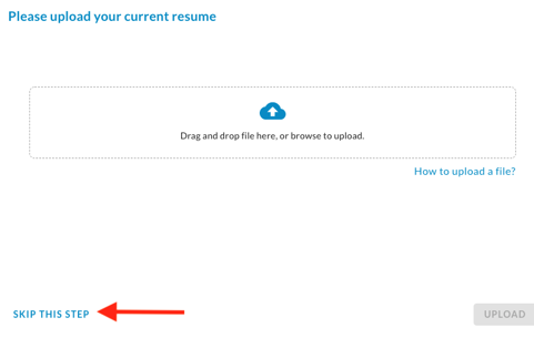 The resume upload step with an arrow pointing to the Skip This Step link