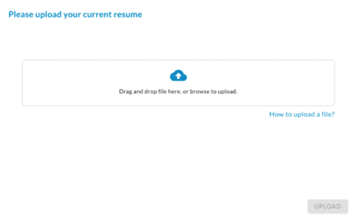 The resume upload box with drag and drop text, a How to upload a file? link and a disabled Upload button
