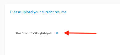 The resume upload step with a selected file and an arrow pointing to the remove icon next to the file name