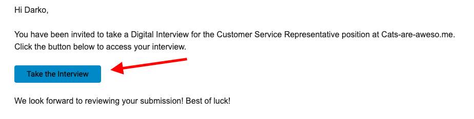 An invitation email with an arrow pointing to the Take the Interview button