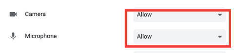 The browser Camera and Microphone permission dropdowns, both set to Allow and highlighted