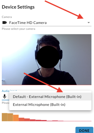 The Device Settings dialog with arrows pointing to the camera dropdown and the audio input list, and a Done button