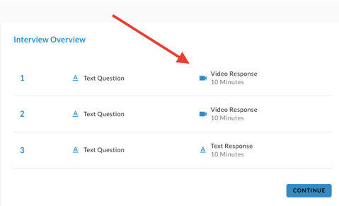 The Interview Overview listing three questions, with an arrow pointing to the first video response and a Continue button