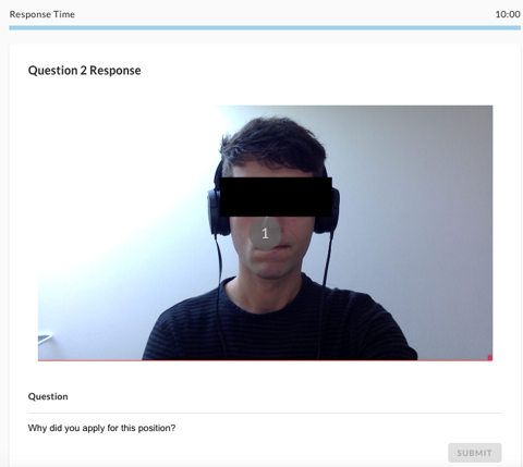 The Question 2 Response screen with a camera preview, a response countdown and a disabled Submit button