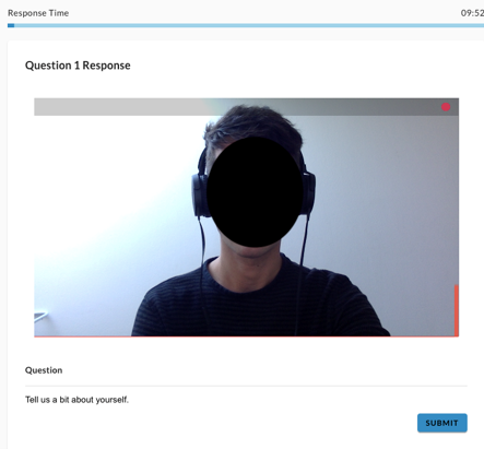 The Question 1 Response screen with a recording camera preview, a response countdown and a Submit button