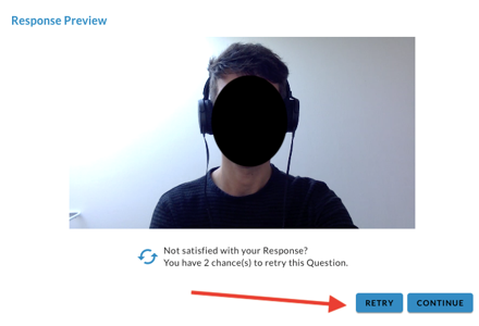 The Response Preview screen with an arrow pointing to the Retry button next to the Continue button