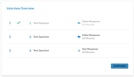 The Interview Overview with the first question marked as done and a Continue button