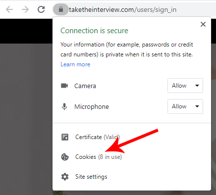 The Chrome site information box with a red arrow pointing to the Cookies option