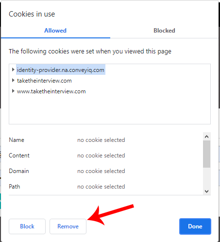 The Cookies in use box listing three cookie sources, with a red arrow pointing to the Remove button
