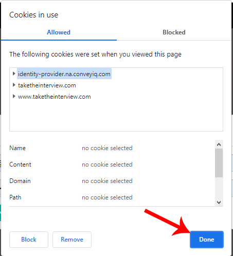 The Cookies in use box with a red arrow pointing to the Done button