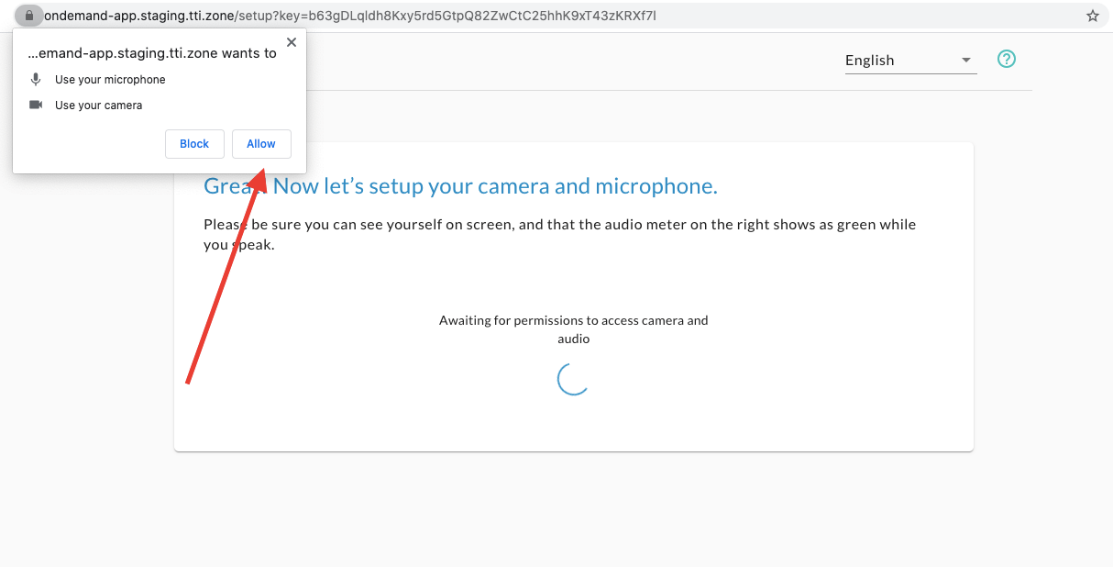 The camera and microphone setup screen with a browser prompt and an arrow pointing to the Allow button