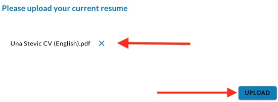 The resume upload step with a selected file, an arrow pointing to its remove icon and one to the Upload button