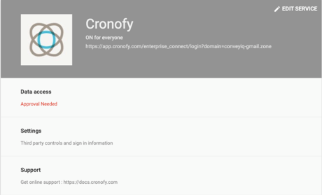 The Cronofy service page in the Google admin console showing ON for everyone and Data access marked Approval Needed