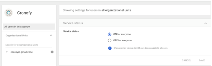 The Cronofy Service status settings with the ON for everyone option selected, and Cancel and Save buttons