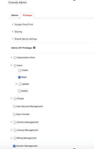 The Cronofy Admin Privileges tab with Users Read and Domain Management checked