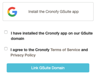 The Cronofy GSuite setup with two agreement checkboxes and a Link GSuite Domain button
