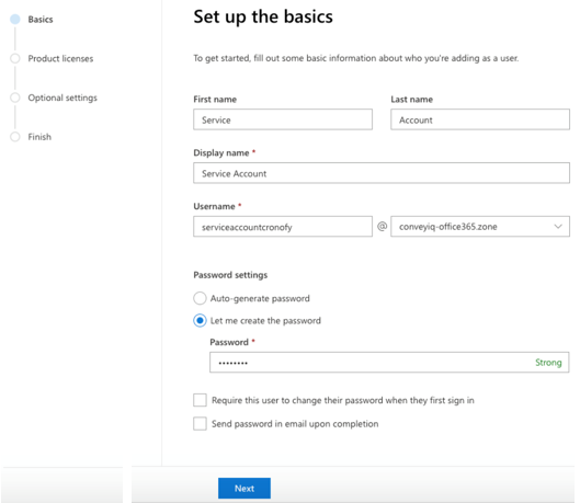The Set up the basics step for adding a service account user, with name, username and password settings