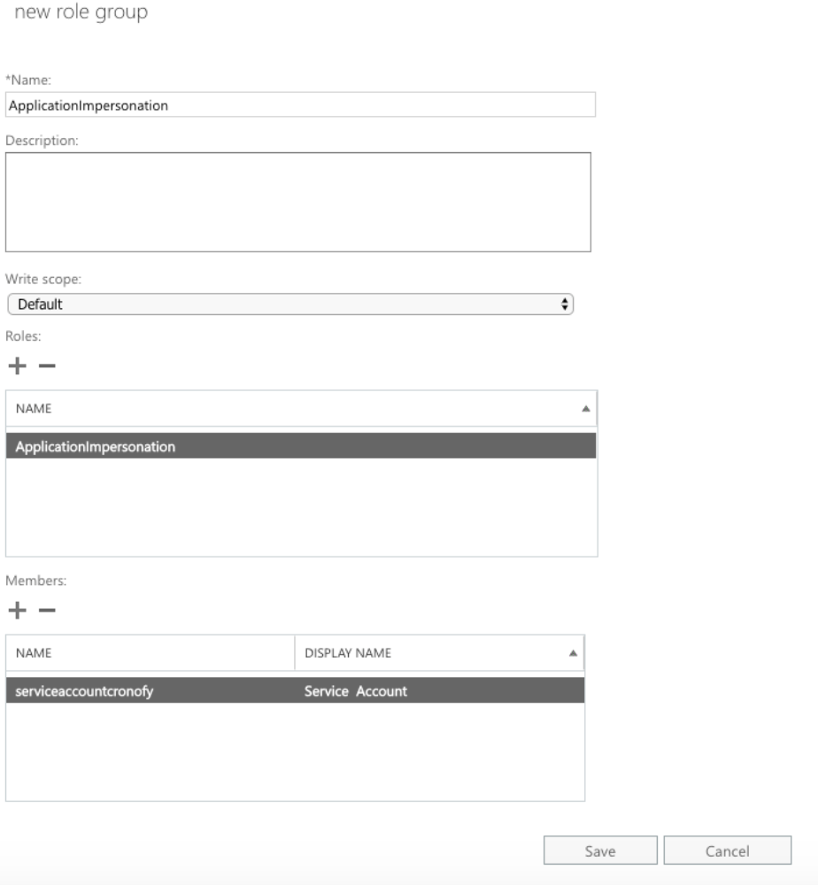 The new role group form named ApplicationImpersonation, with its role and a service account member listed