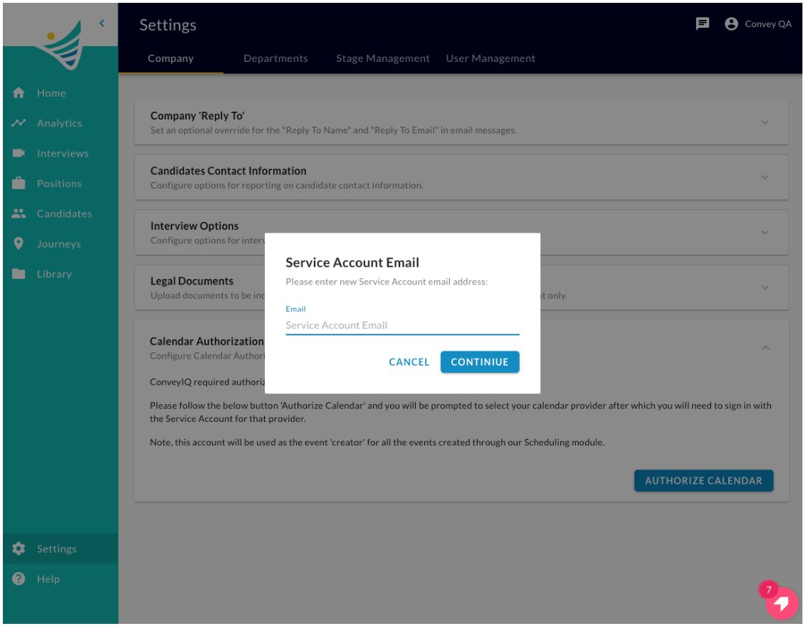 The Settings Company tab with the Service Account Email dialog open over the Calendar Authorization section