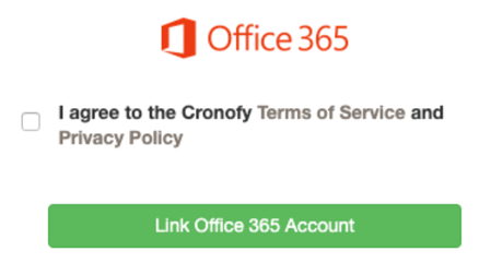 The Office 365 link window with a Terms of Service checkbox and a Link Office 365 Account button