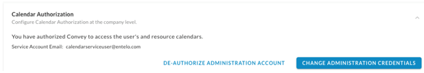 The Calendar Authorization section with De-authorize Administration Account and Change Administration Credentials buttons
