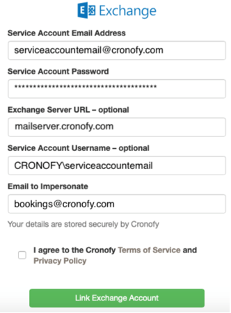 The Exchange link form with service account, server URL and impersonation fields and a Link Exchange Account button