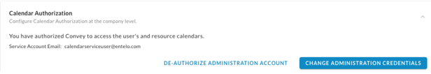 The Calendar Authorization section with De-authorize Administration Account and Change Administration Credentials buttons