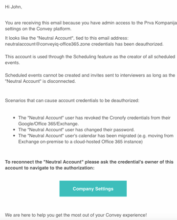 An email alerting an admin that the Neutral Account credentials were deauthorized, with a Company Settings button