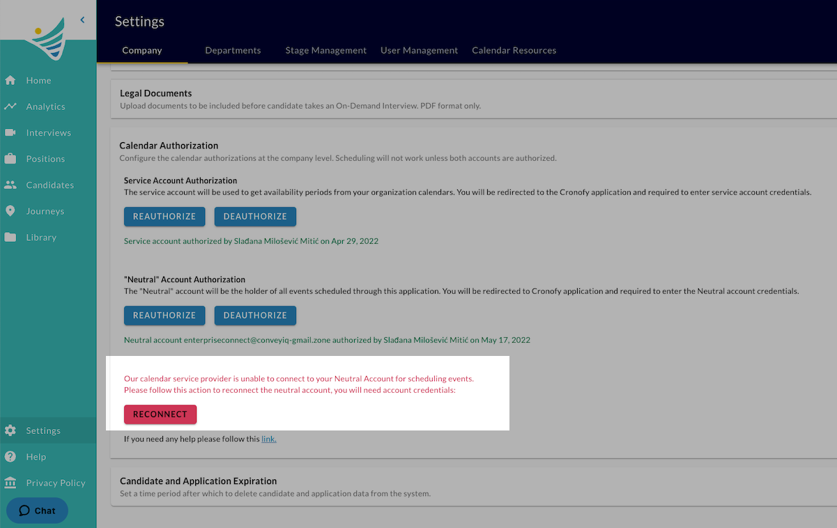 The Settings Company tab with the Calendar Authorization section and the red Reconnect button message highlighted