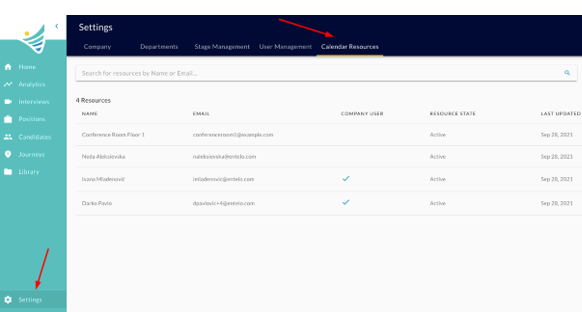 The Calendar Resources tab listing four resources, with arrows pointing to Settings and the Calendar Resources tab