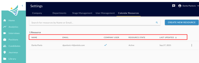 The Calendar Resources tab listing one resource, with the table column headers highlighted