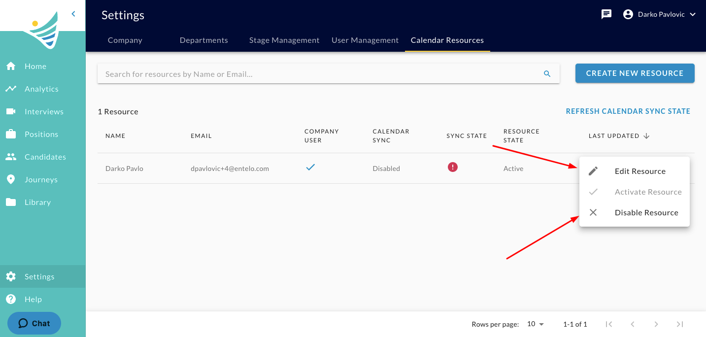 The Calendar Resources tab with the row menu open, showing Edit Resource, Activate Resource and Disable Resource