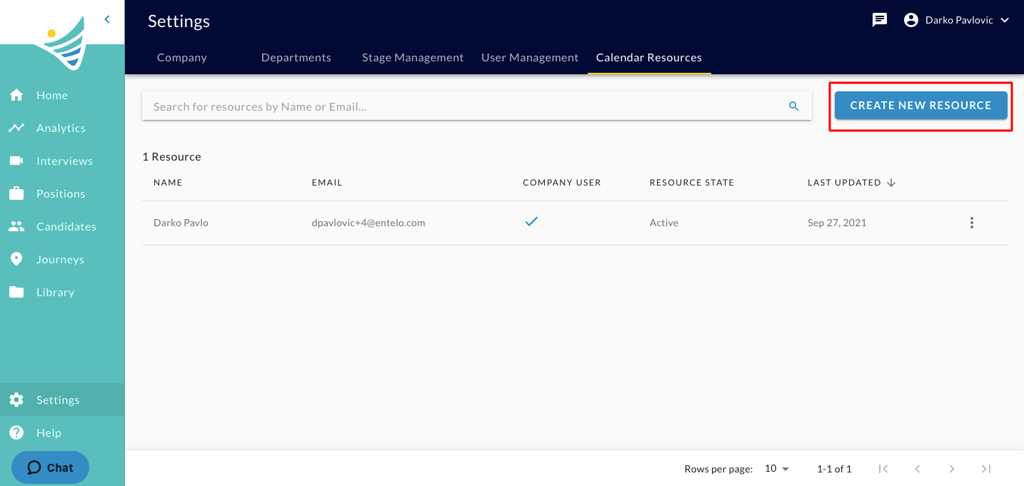 The Calendar Resources tab with the Create New Resource button highlighted