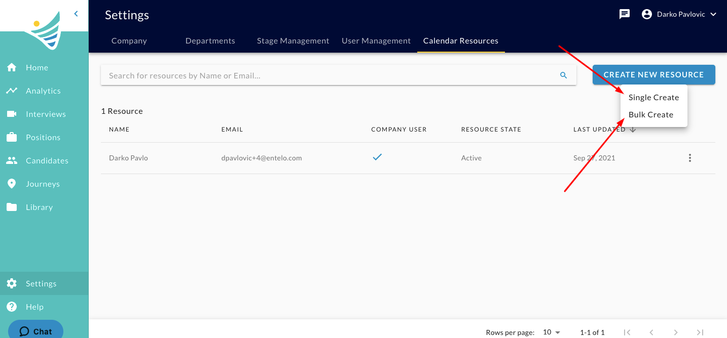 The Calendar Resources tab with the Create New Resource menu open and arrows pointing to Single Create and Bulk Create