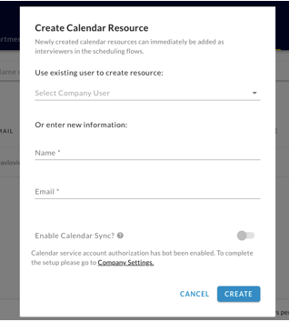 The Create Calendar Resource dialog with Select Company User, Name and Email fields and a Calendar Sync toggle