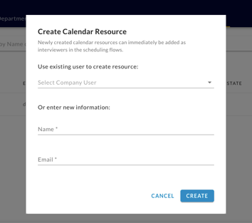 The Create Calendar Resource dialog with Select Company User, Name and Email fields and Cancel and Create buttons