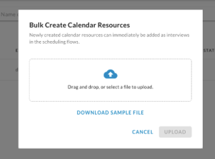 The Bulk Create Calendar Resources dialog with a file upload area and a Download Sample File link