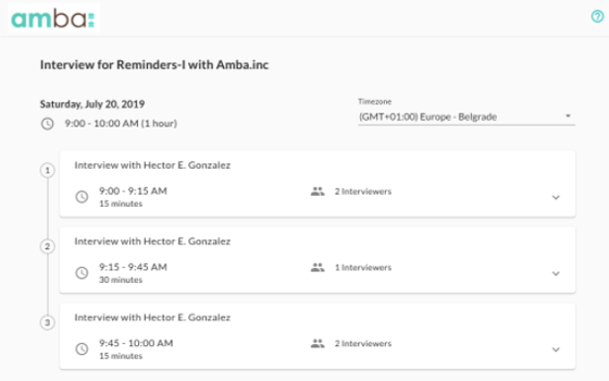 An event agenda page showing three consecutive interviews with times, durations and interviewer counts