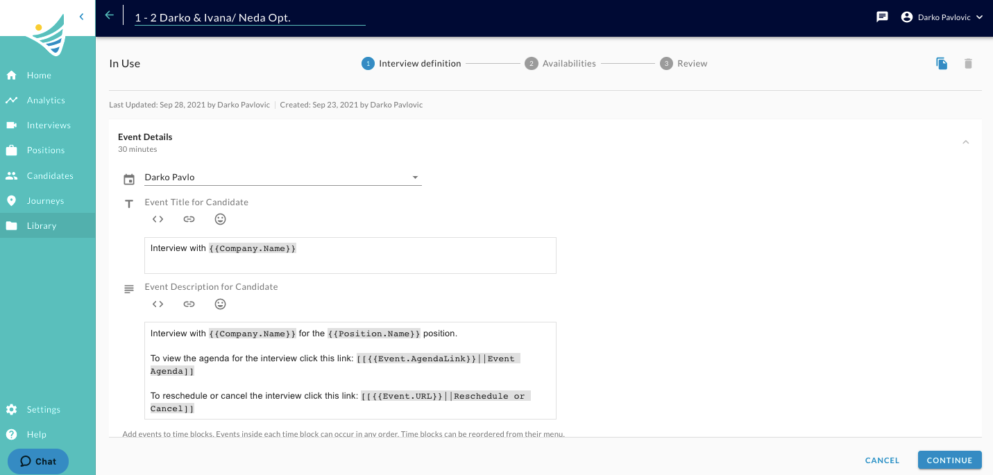 The scheduling template Interview definition step with the Event Details section and title and description fields