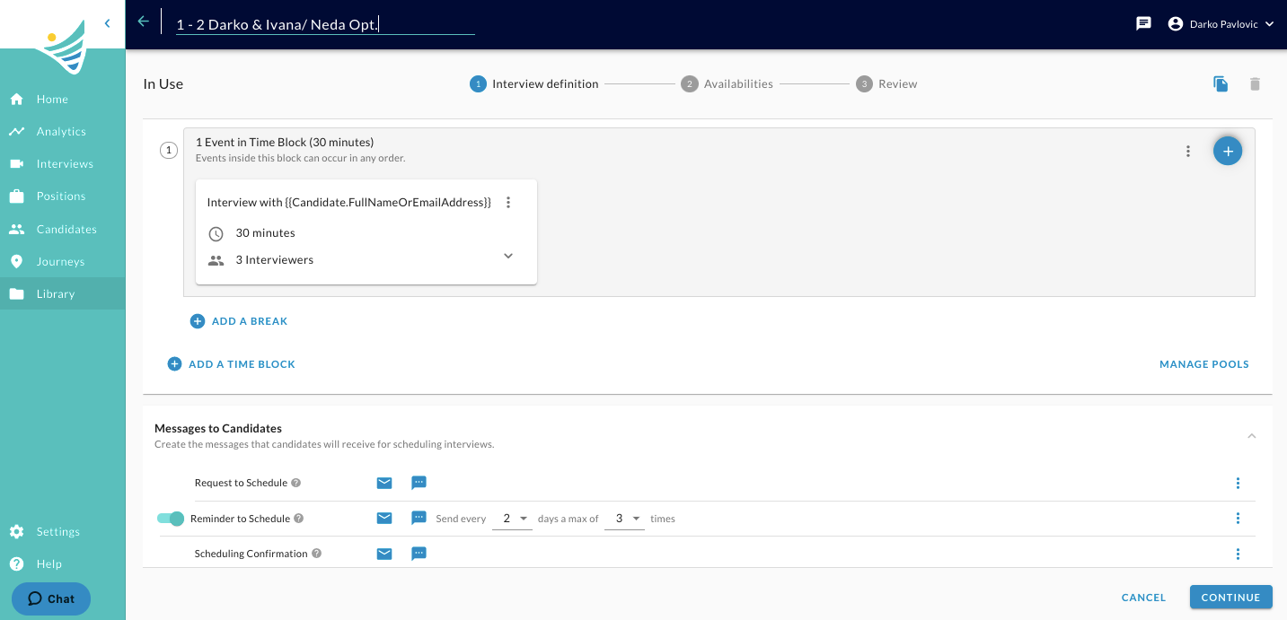 The scheduling template with a time block holding one event, and the Messages to Candidates section