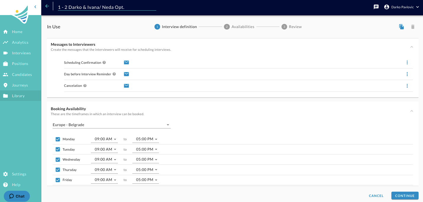 The scheduling template with the Messages to Interviewers and Booking Availability sections