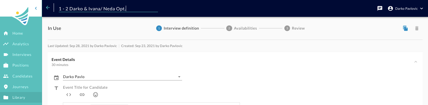 The top of a scheduling template with the Interview definition, Availabilities and Review steps