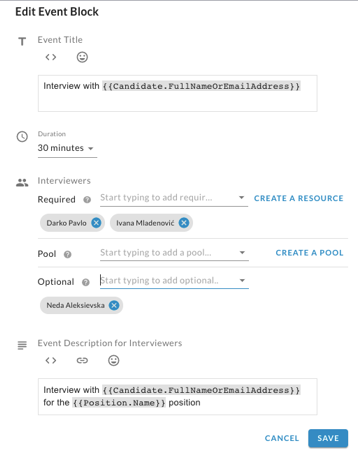 The Edit Event Block dialog with event title, duration, required, pool and optional interviewers, and description