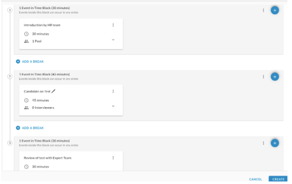 A list of time blocks with events such as an HR team introduction and a candidate test, with Cancel and Create buttons
