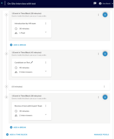 A scheduling template with four numbered blocks, including a 15 minute break between events