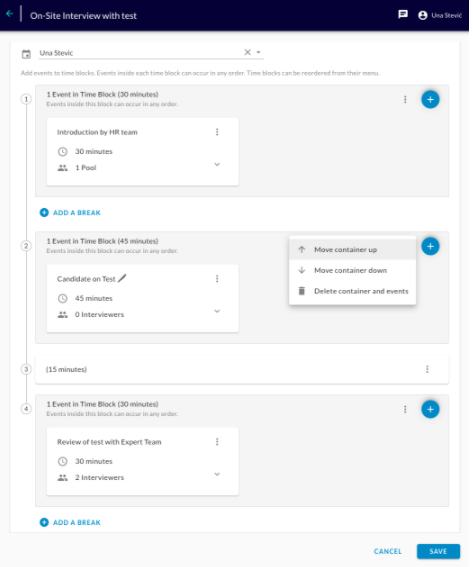 A scheduling template with a time block menu listing Move container up, Move container down and Delete options