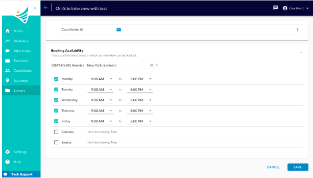 The Booking Availability section with a time zone and weekday checkboxes with start and end times