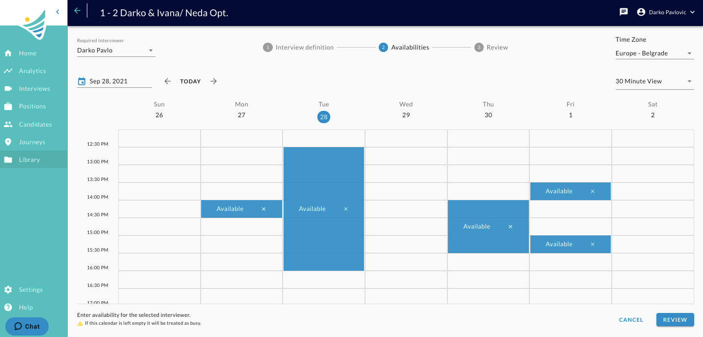 The Availabilities step with a weekly calendar showing blue Available blocks on several days