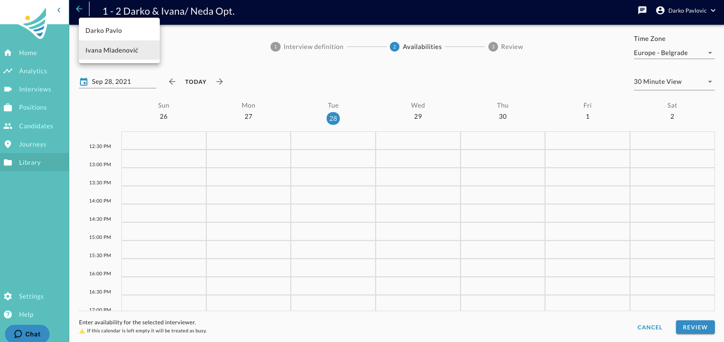 The Availabilities step with a menu listing two interviewers above an empty weekly calendar
