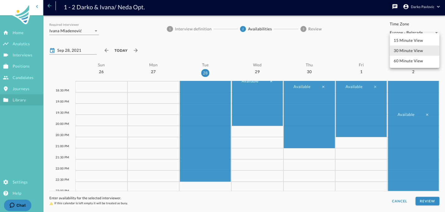 The Availabilities step with the calendar view menu open, offering 15, 30 and 60 minute views